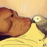 Digital painting of a pit bull and his best friend which is an African Grey