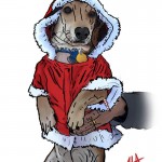 Digital painting of a puppy in a Santa dog costume